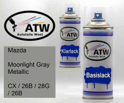 Mazda, Moonlight Gray Metallic, CX / 26B / 28G / 26B: 400ml Sprühdose + 400ml Klarlack - Set, von ATW Autoteile West.